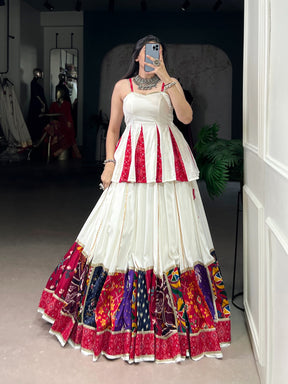 WHITE RAYON BANDHANI PRINT LEHENGA CHOLI WITH MULTI-COLOR PATCHWORK