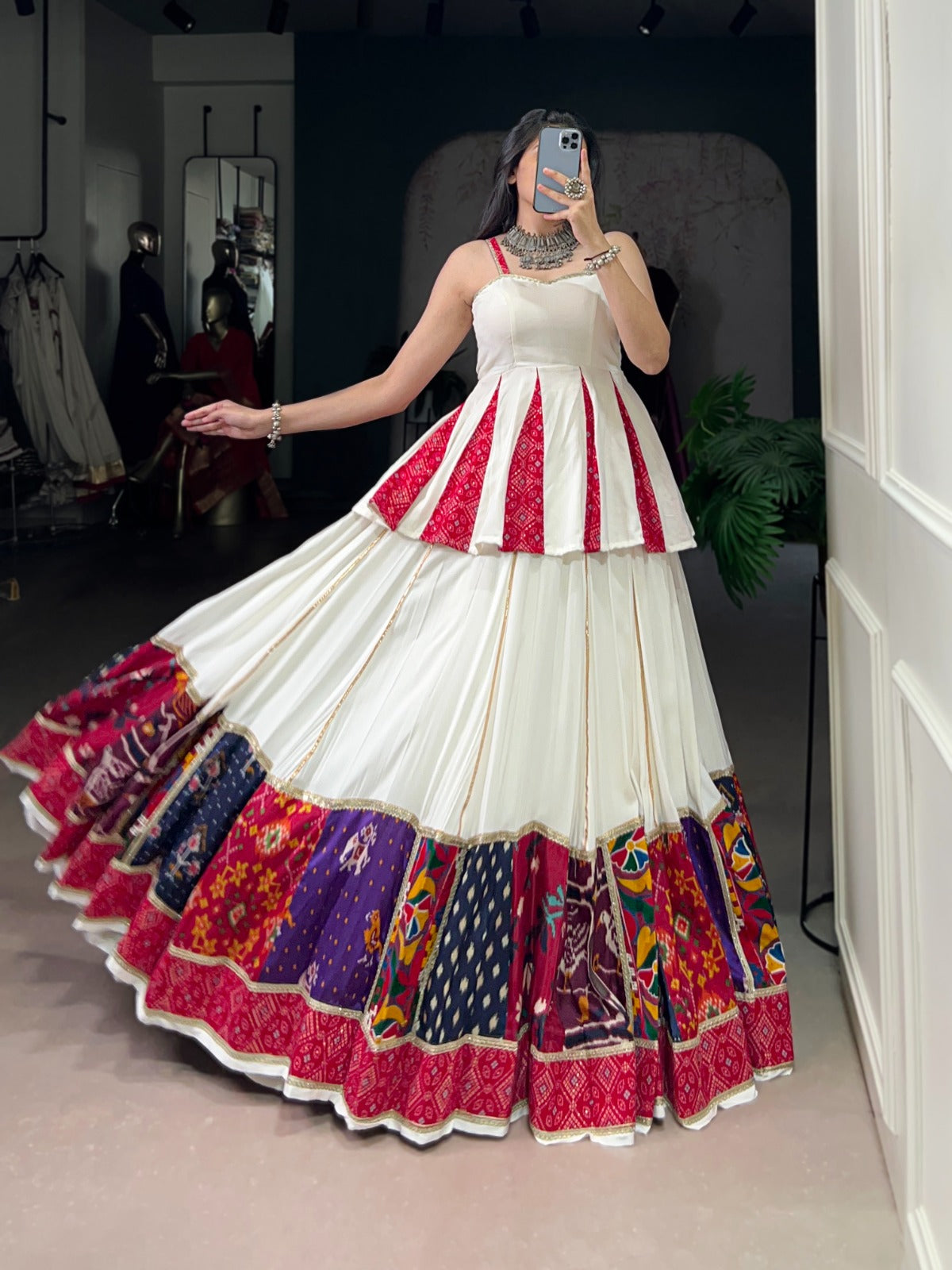 WHITE RAYON BANDHANI PRINT LEHENGA CHOLI WITH MULTI-COLOR PATCHWORK