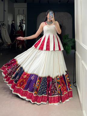 WHITE RAYON BANDHANI PRINT LEHENGA CHOLI WITH MULTI-COLOR PATCHWORK