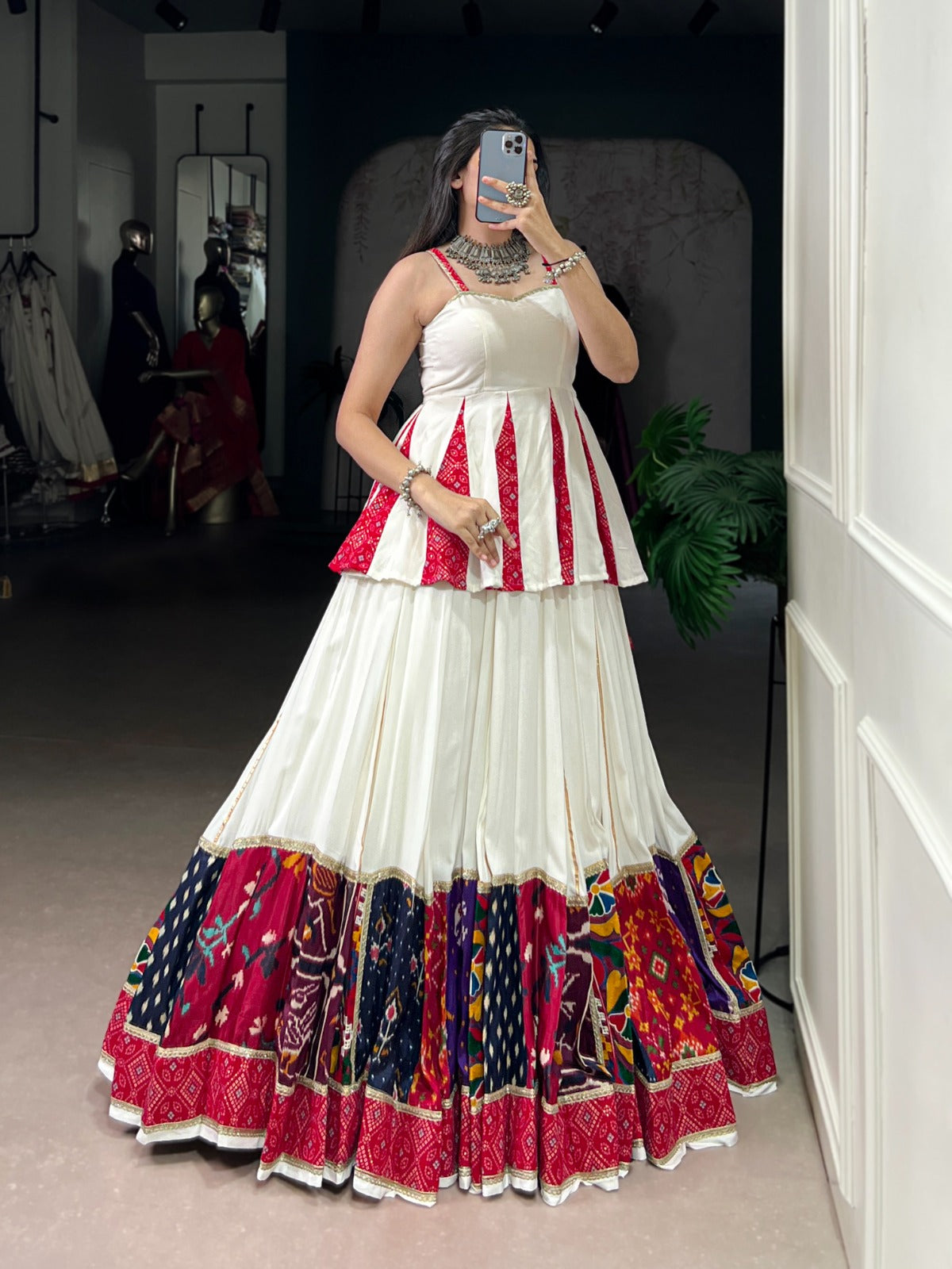 WHITE RAYON BANDHANI PRINT LEHENGA CHOLI WITH MULTI-COLOR PATCHWORK