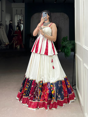 WHITE RAYON BANDHANI PRINT LEHENGA CHOLI WITH MULTI-COLOR PATCHWORK