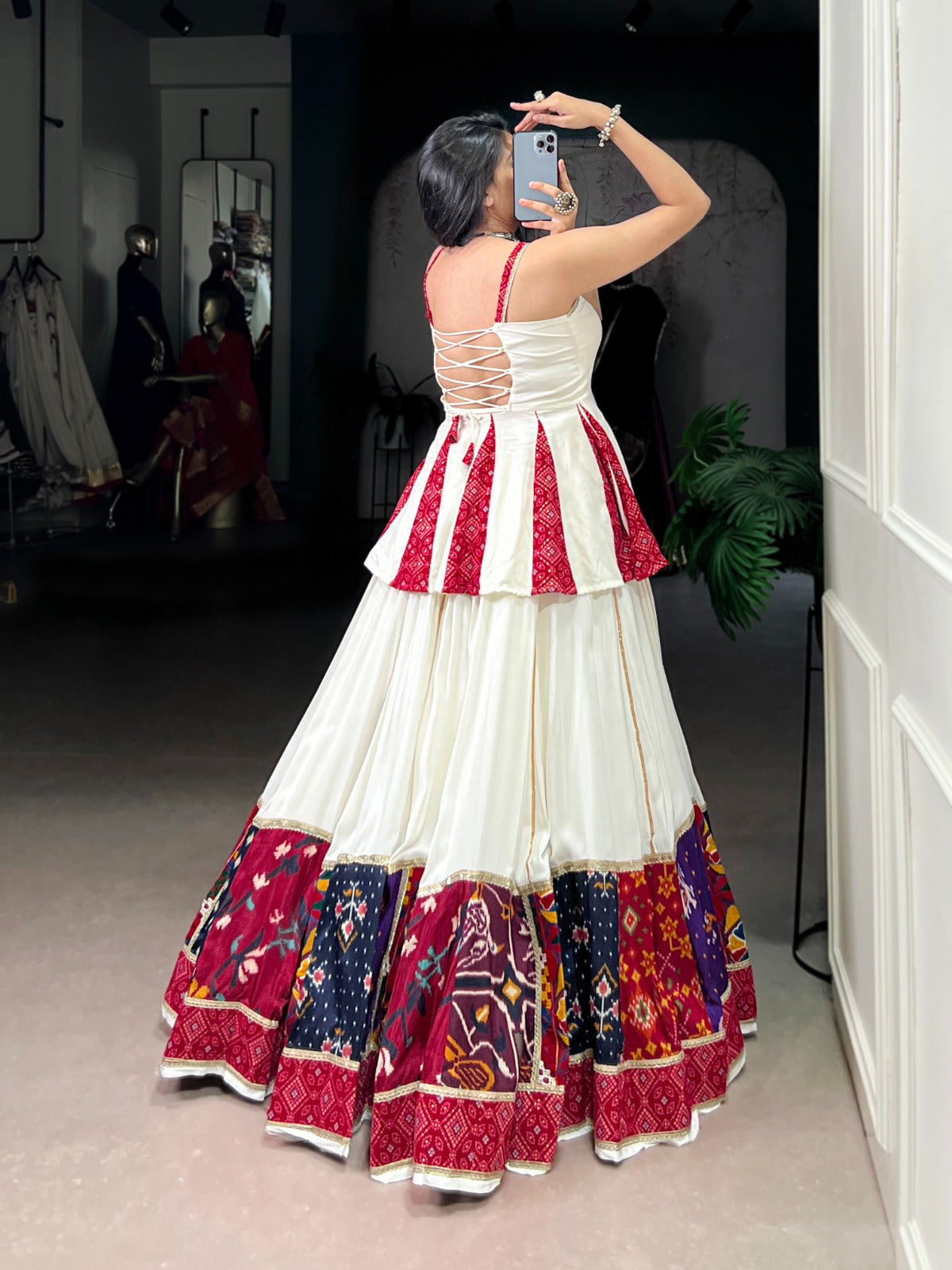 WHITE RAYON BANDHANI PRINT LEHENGA CHOLI WITH MULTI-COLOR PATCHWORK