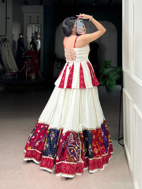 WHITE RAYON BANDHANI PRINT LEHENGA CHOLI WITH MULTI-COLOR PATCHWORK