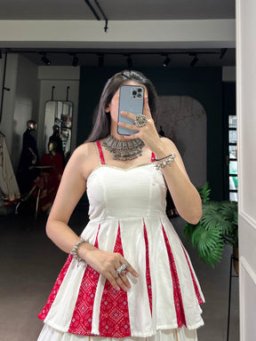 WHITE RAYON BANDHANI PRINT LEHENGA CHOLI WITH MULTI-COLOR PATCHWORK