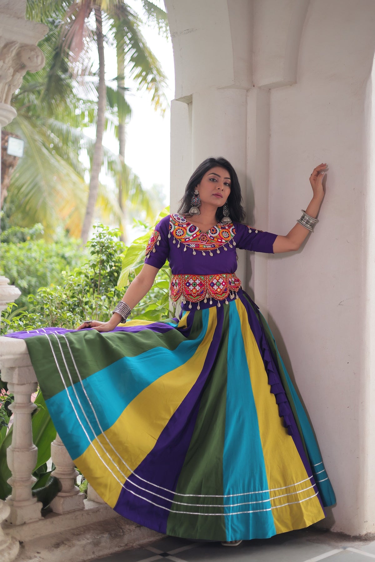 PURPLE MULTICOLOUR LEHENGA WITH GAMTHI &  MIRROR WORK