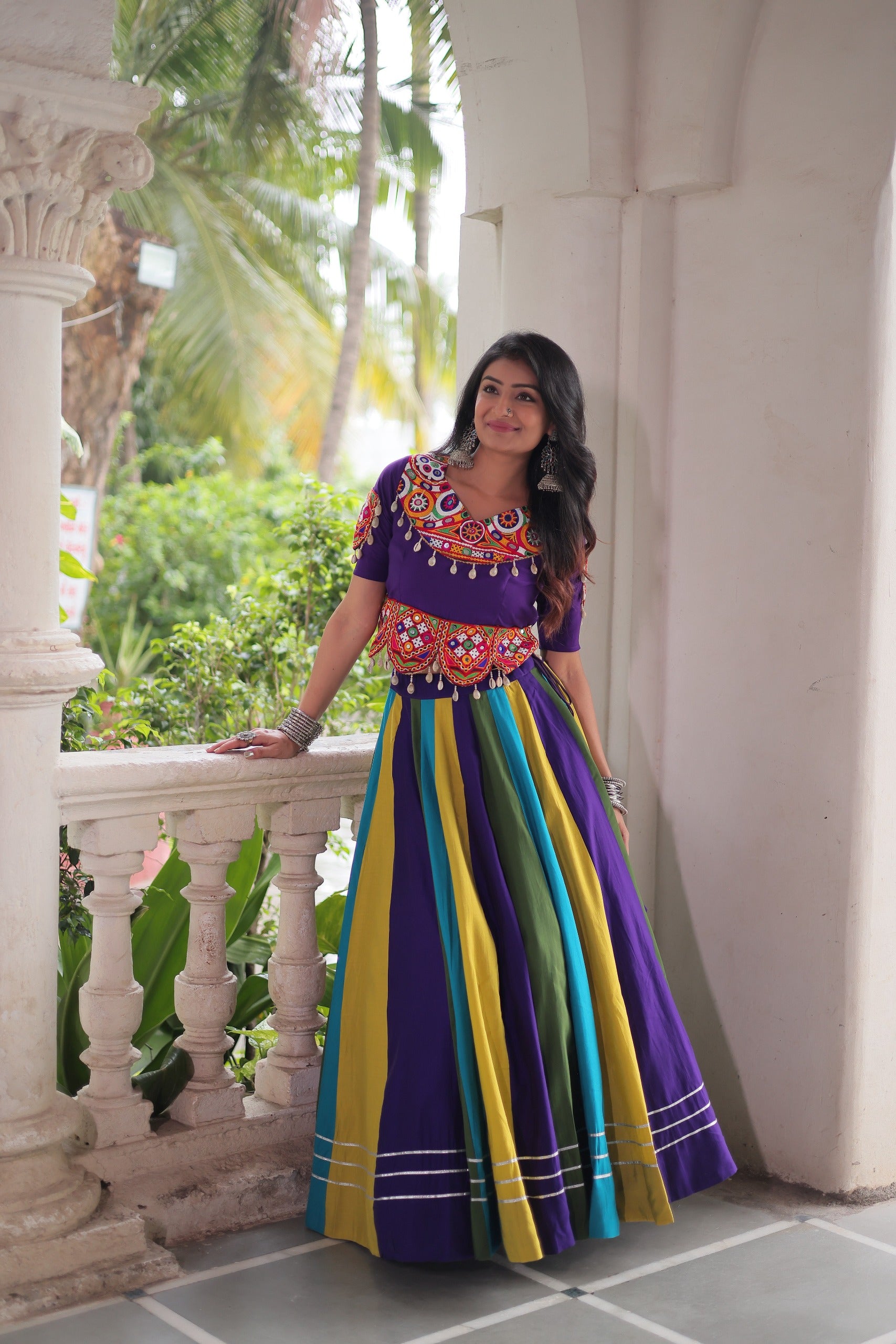 PURPLE MULTICOLOUR LEHENGA WITH GAMTHI &  MIRROR WORK