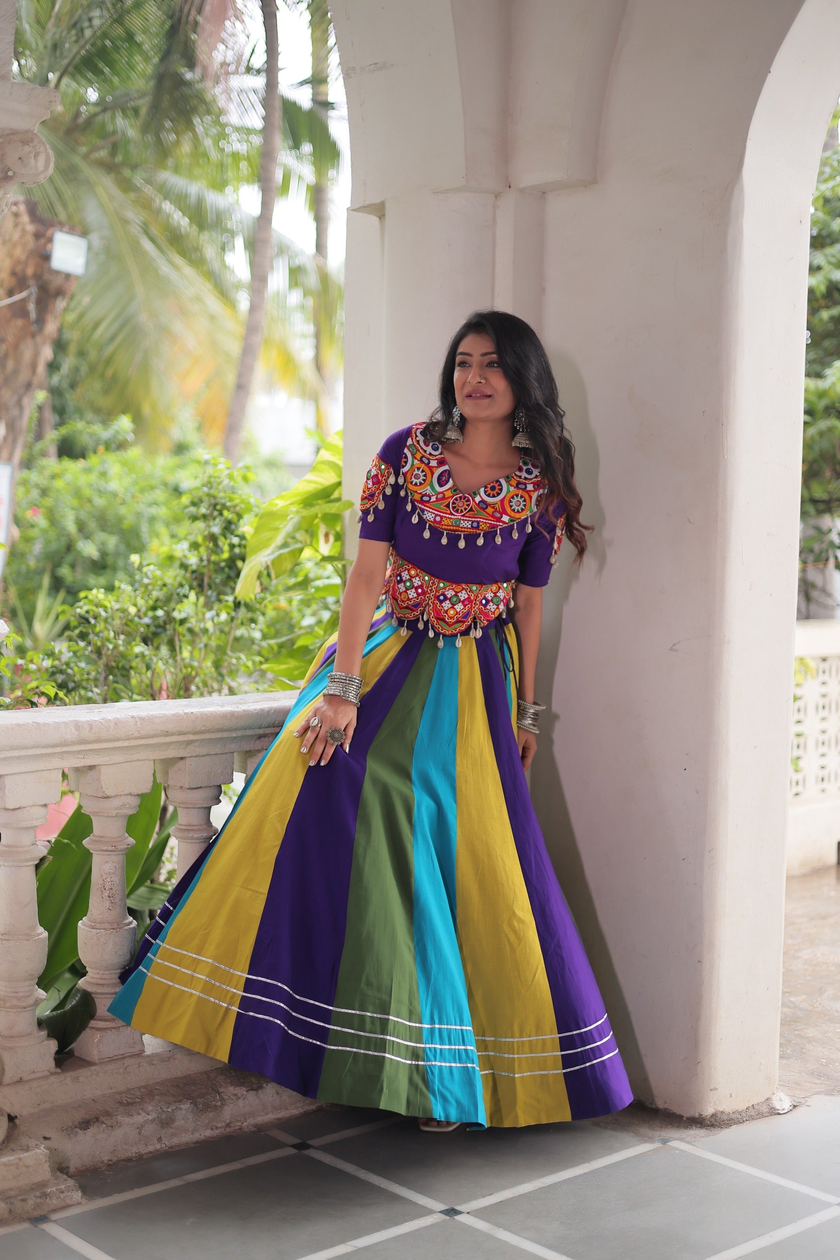 PURPLE MULTICOLOUR LEHENGA WITH GAMTHI &  MIRROR WORK
