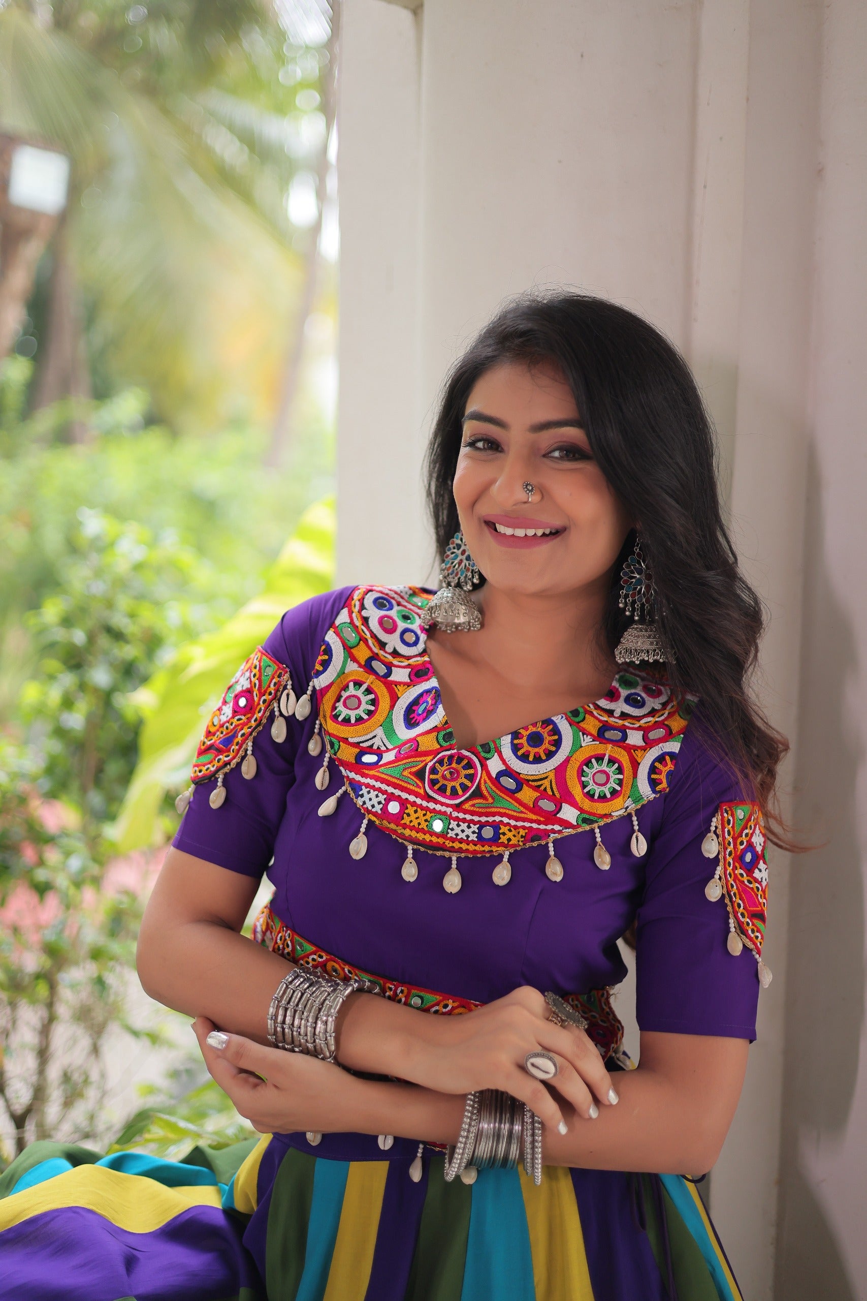 PURPLE MULTICOLOUR LEHENGA WITH GAMTHI &  MIRROR WORK