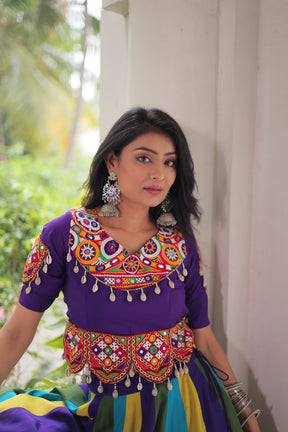 PURPLE MULTICOLOUR LEHENGA WITH GAMTHI &  MIRROR WORK