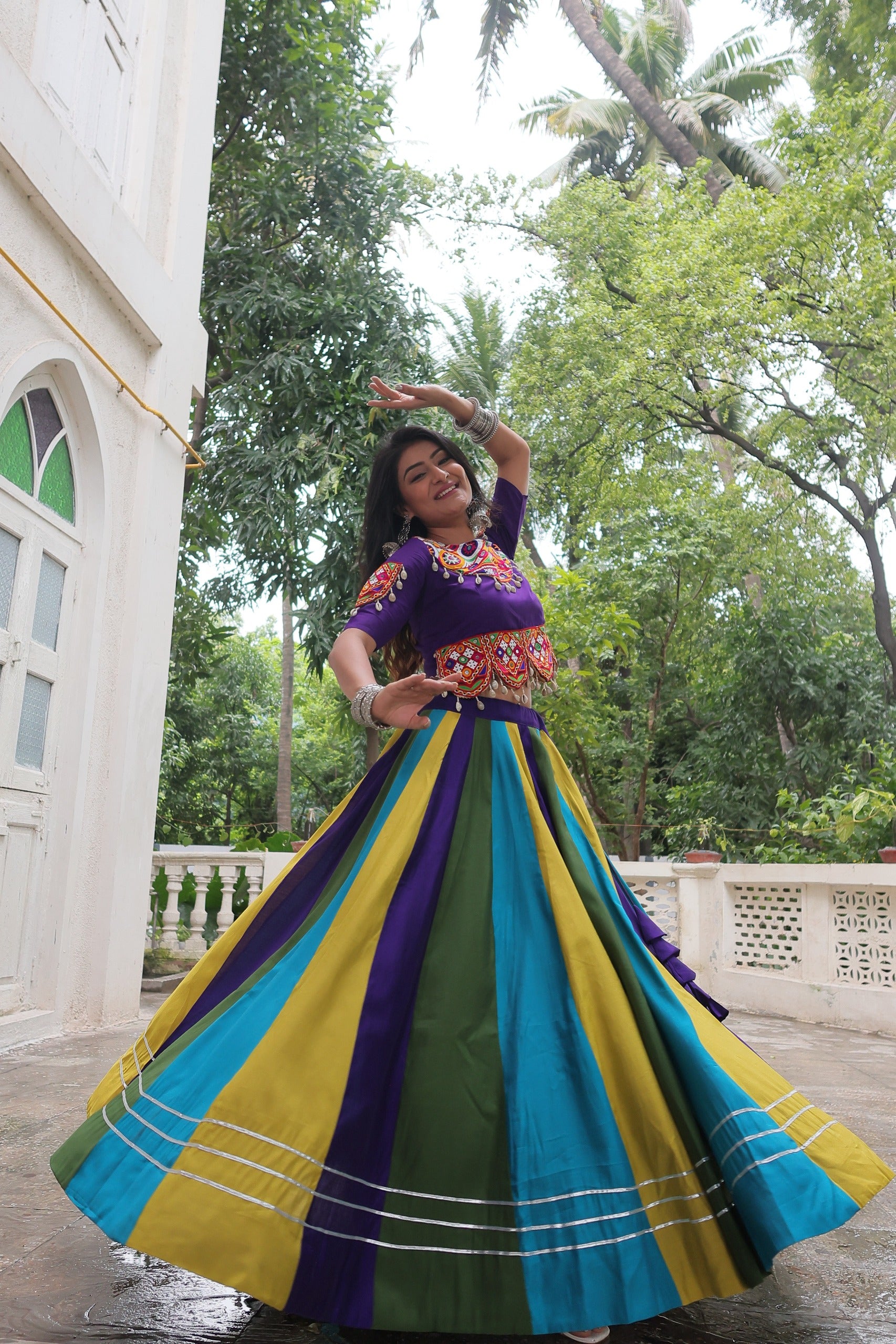 PURPLE MULTICOLOUR LEHENGA WITH GAMTHI &  MIRROR WORK