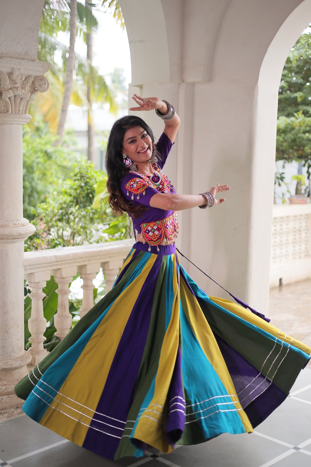 PURPLE MULTICOLOUR LEHENGA WITH GAMTHI &  MIRROR WORK