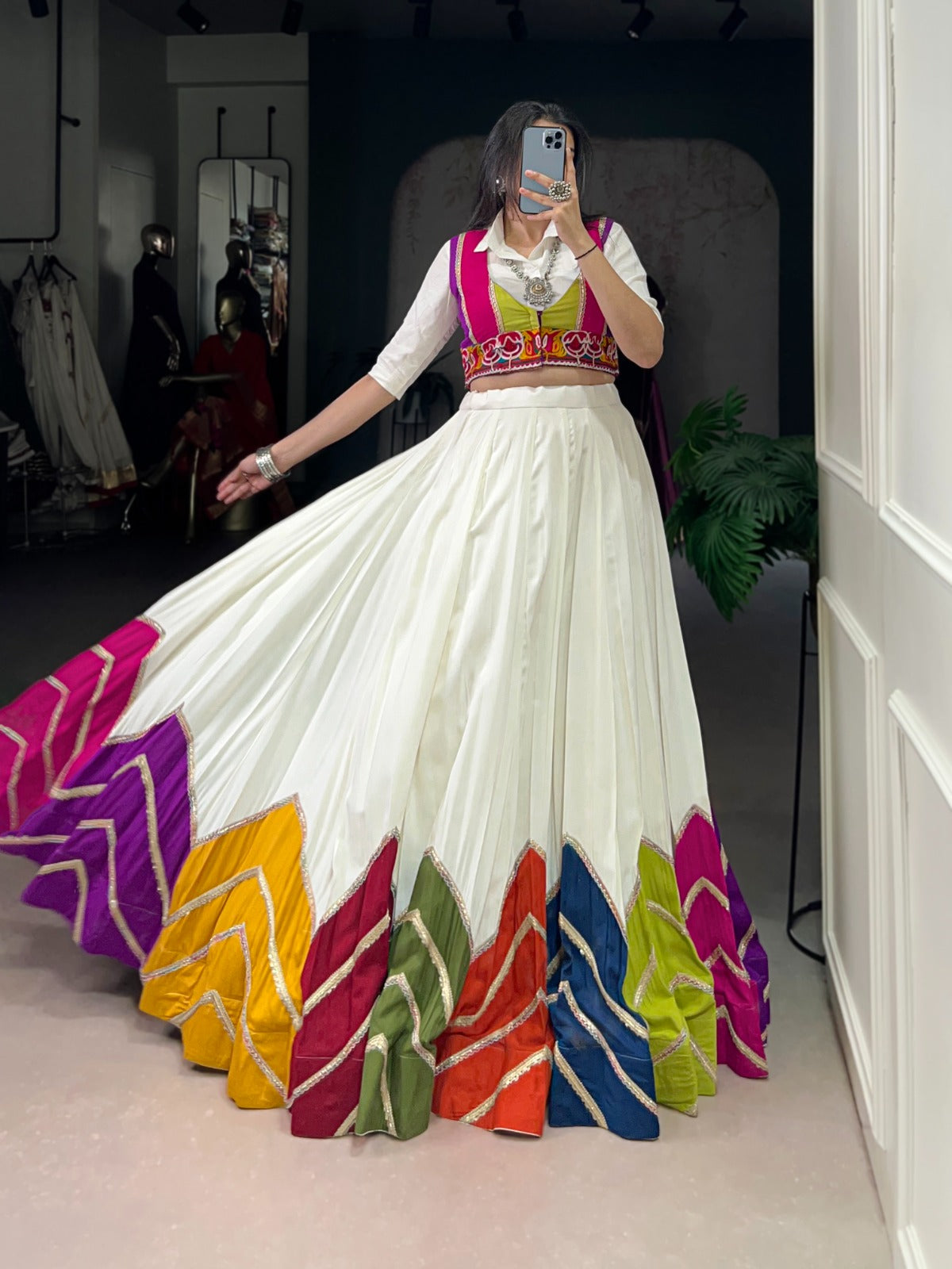 WHITE MULTICOLOUR PATCHWORK LEHENGA WITH SHIRT CHOLI & GAMTHI JACKET