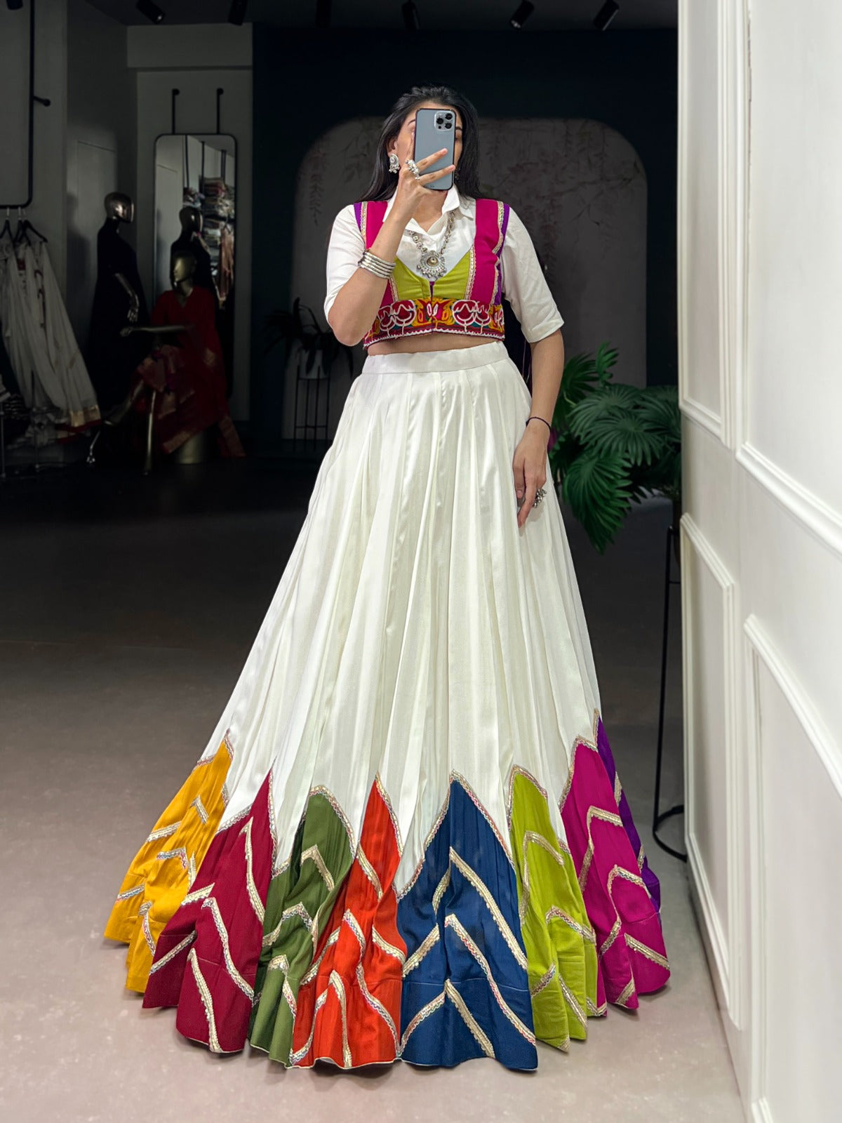 WHITE MULTICOLOUR PATCHWORK LEHENGA WITH SHIRT CHOLI & GAMTHI JACKET