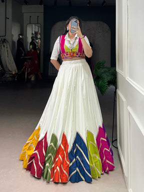 WHITE MULTICOLOUR PATCHWORK LEHENGA WITH SHIRT CHOLI & GAMTHI JACKET