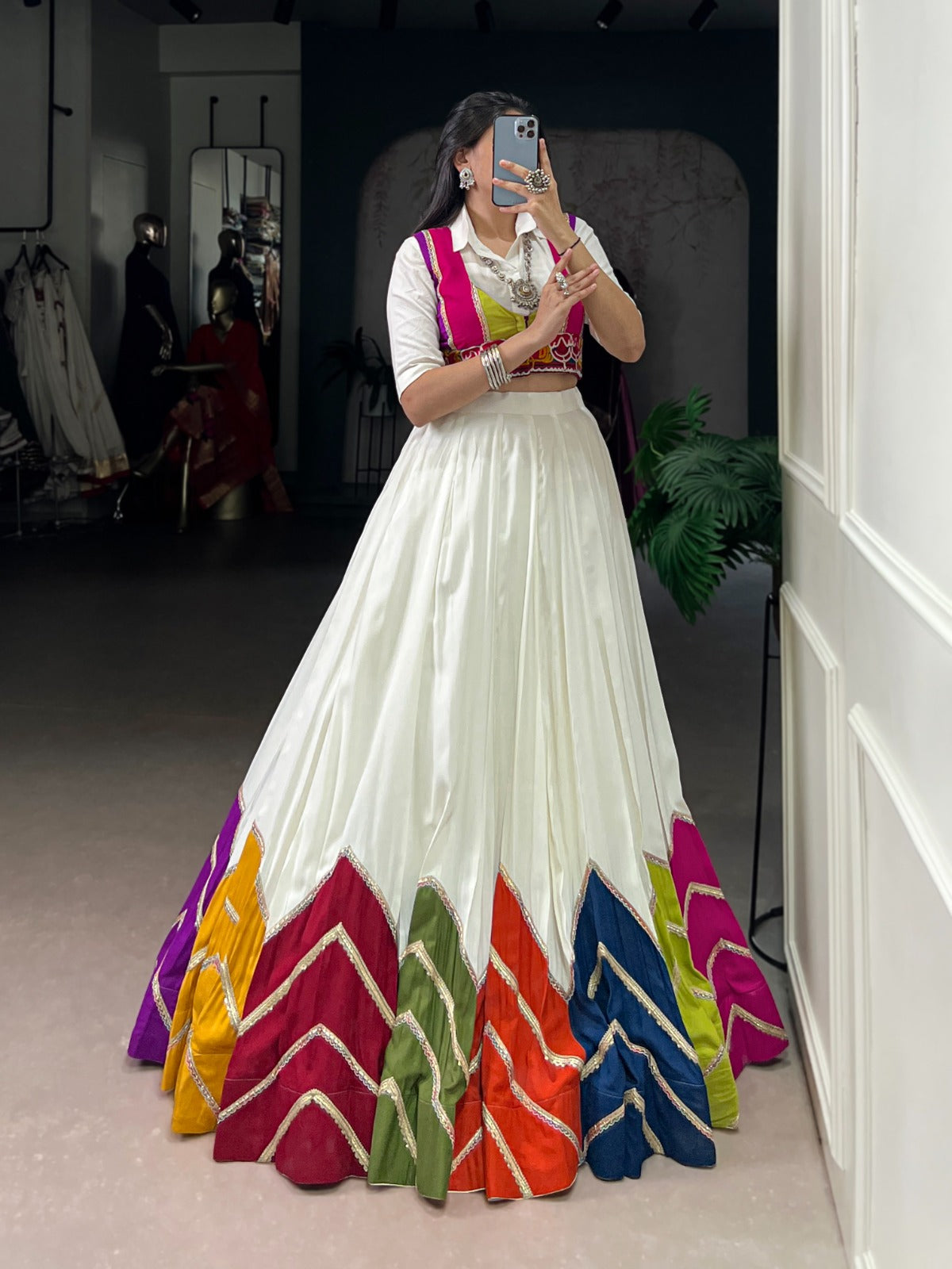 WHITE MULTICOLOUR PATCHWORK LEHENGA WITH SHIRT CHOLI & GAMTHI JACKET