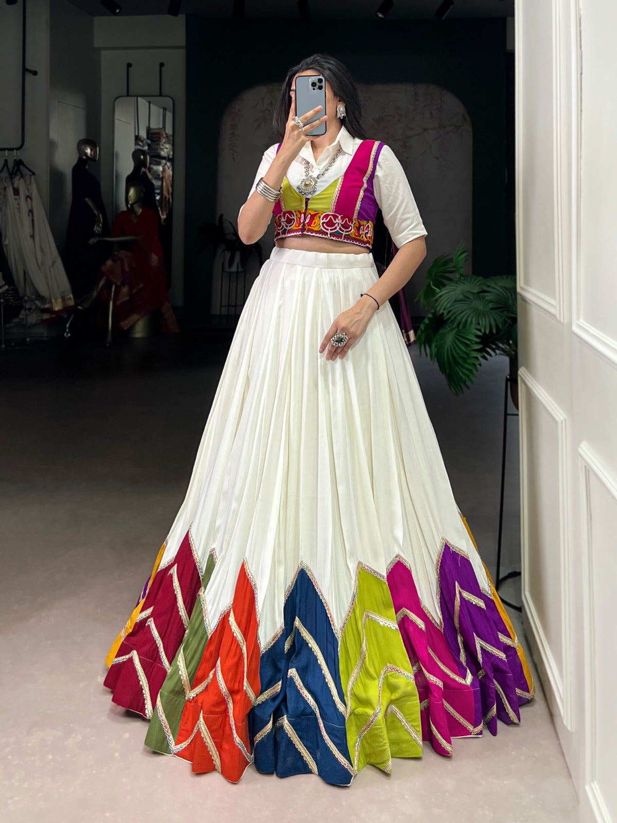 WHITE MULTICOLOUR PATCHWORK LEHENGA WITH SHIRT CHOLI & GAMTHI JACKET
