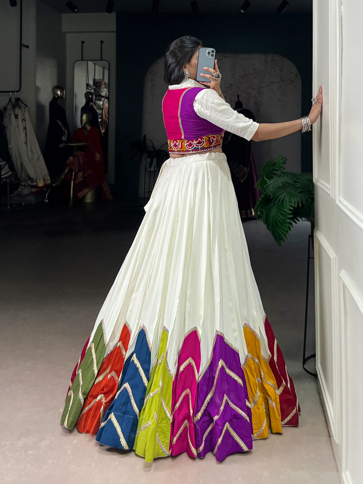 WHITE MULTICOLOUR PATCHWORK LEHENGA WITH SHIRT CHOLI & GAMTHI JACKET