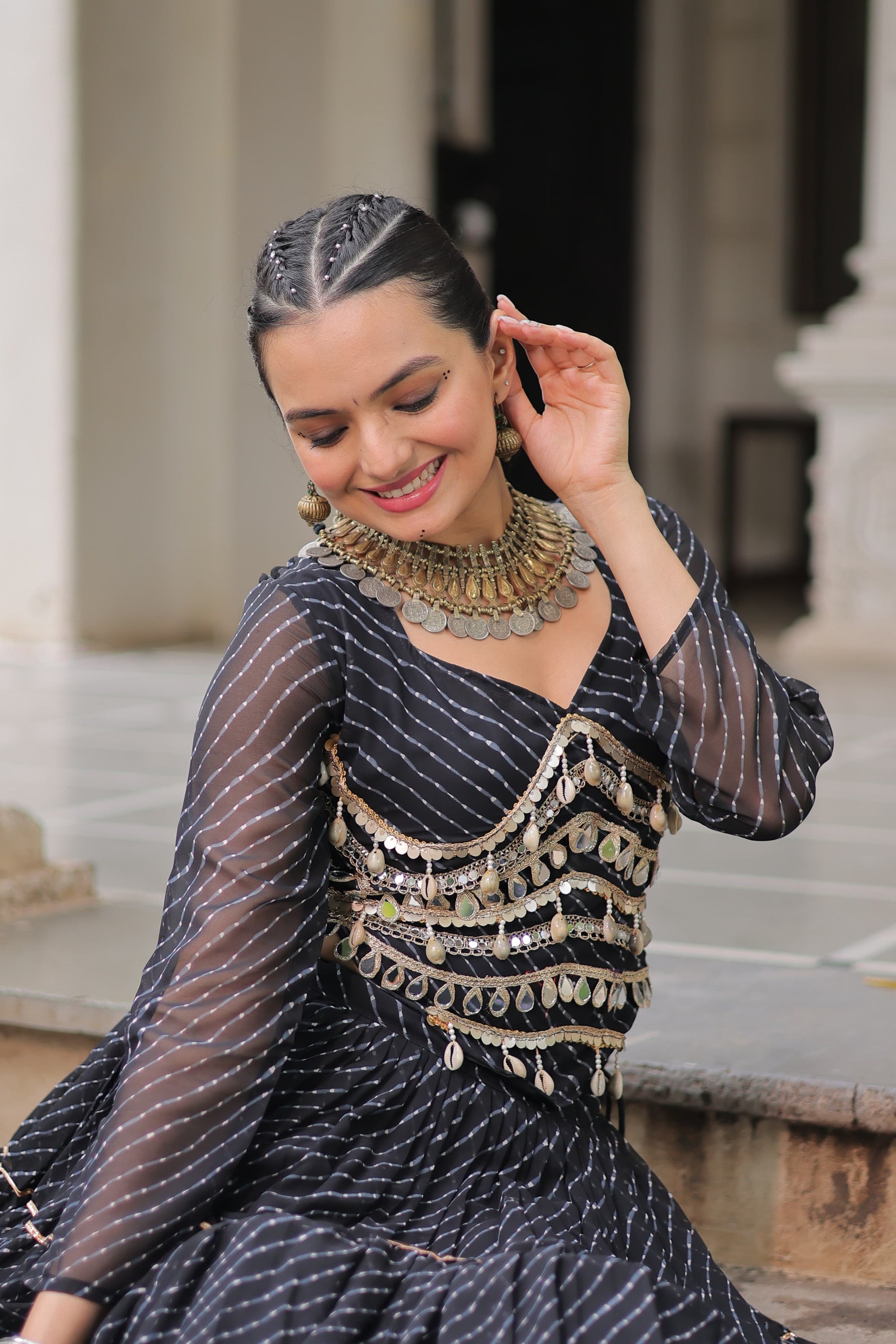LEHERIYA PRINT LEHENGA WITH GOTA PATTI & MIRROR