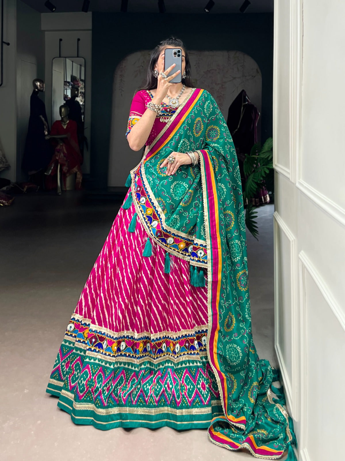 PINK LEHERIYA TUSSAR SILK LEHENGA CHOLI