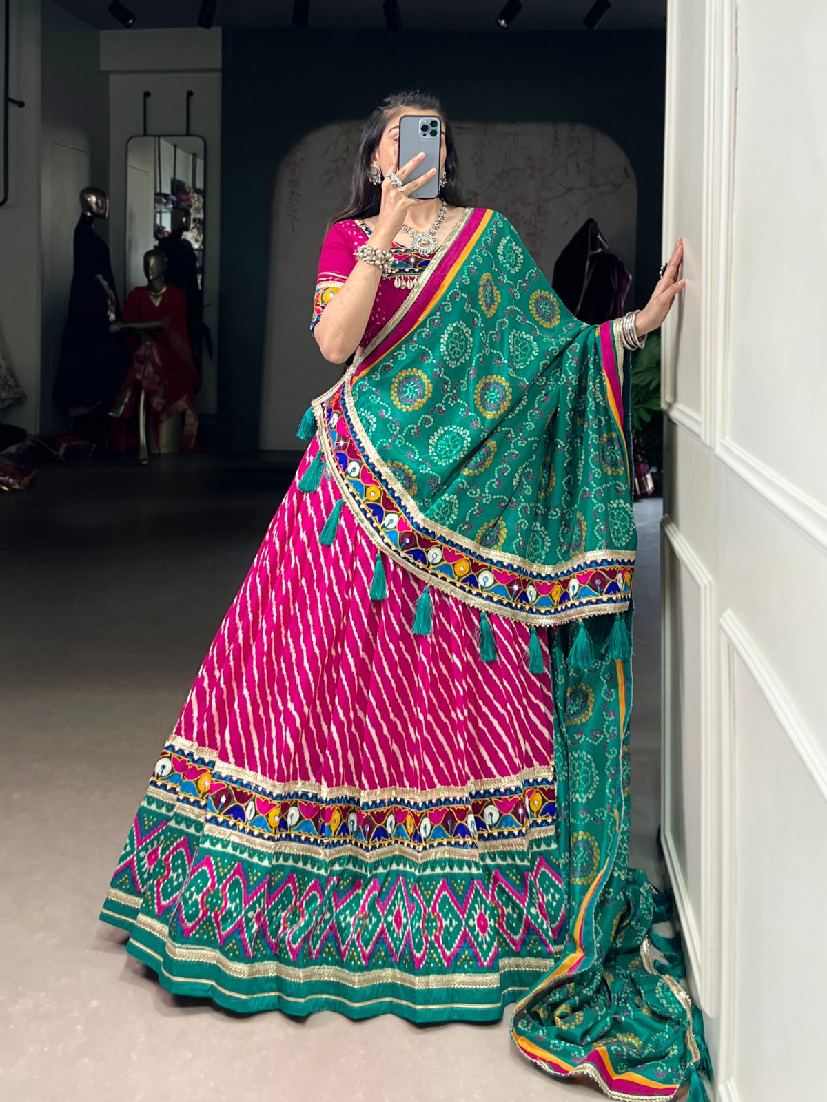 PINK LEHERIYA TUSSAR SILK LEHENGA CHOLI