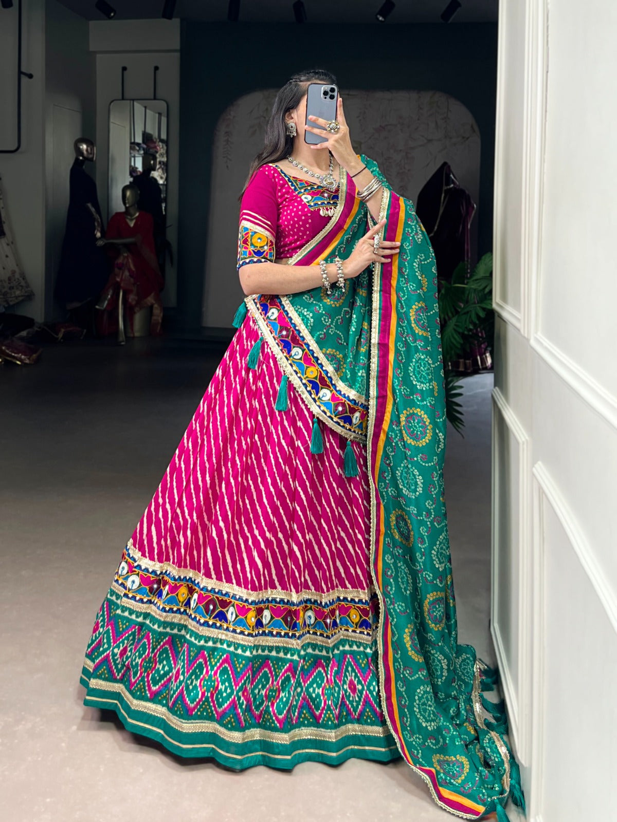 PINK LEHERIYA TUSSAR SILK LEHENGA CHOLI