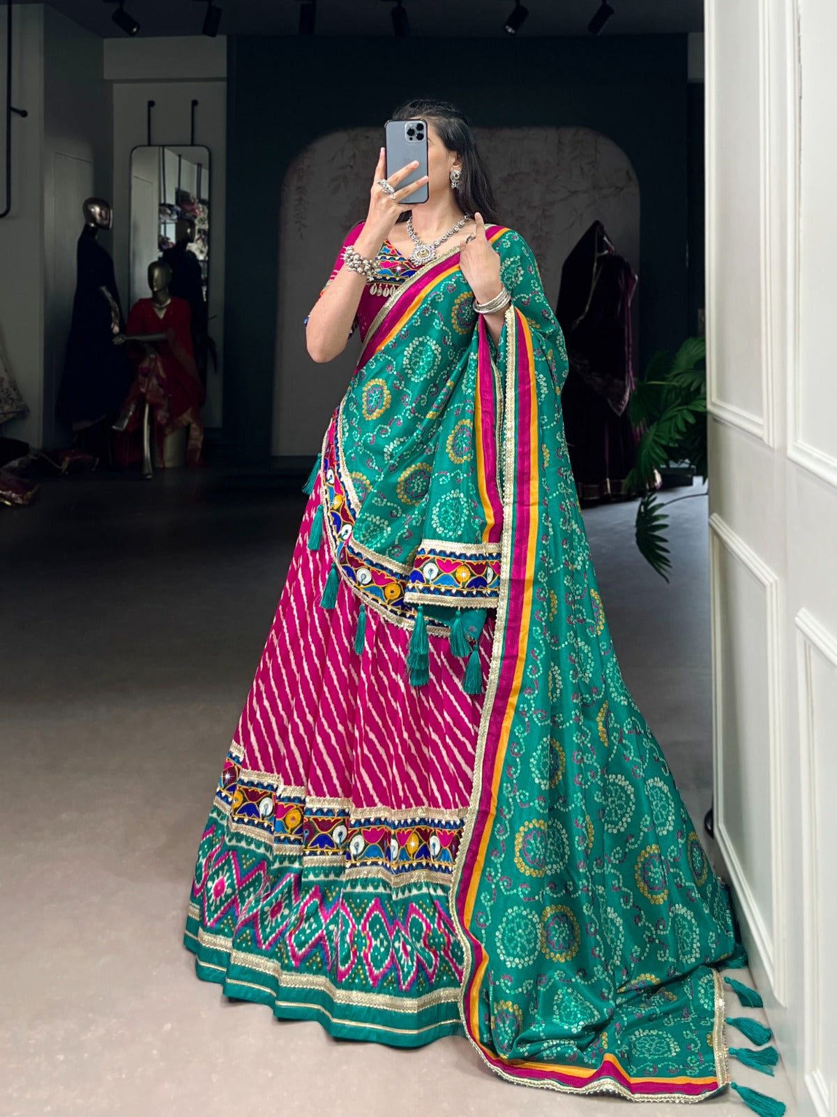 PINK LEHERIYA TUSSAR SILK LEHENGA CHOLI
