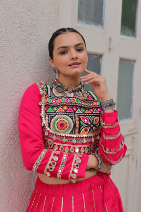 KUTCHI GAMTHI EMBROIDERY MIRROR LACE LEHENGA CHOLI