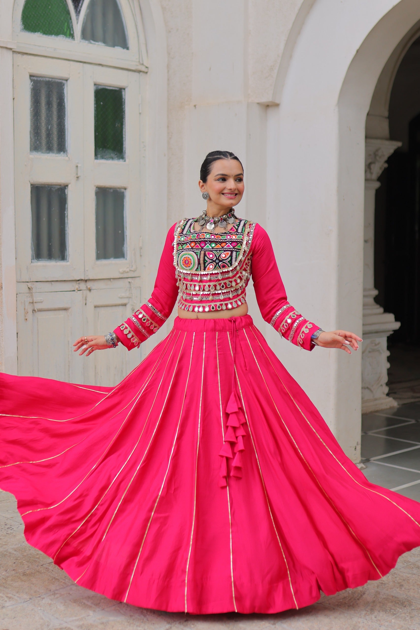 KUTCHI GAMTHI EMBROIDERY MIRROR LACE LEHENGA CHOLI