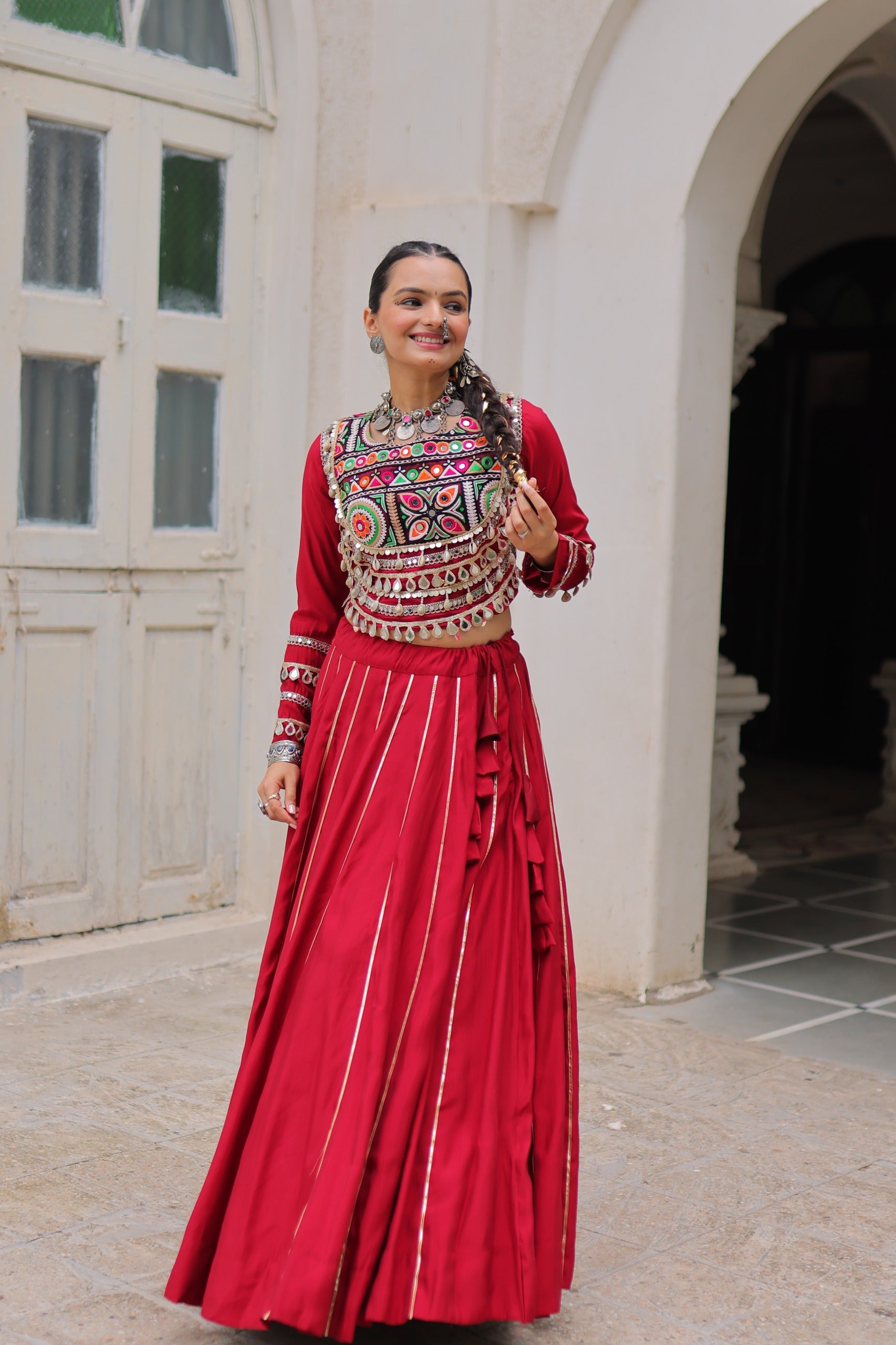 KUTCHI GAMTHI EMBROIDERY MIRROR LACE LEHENGA CHOLI