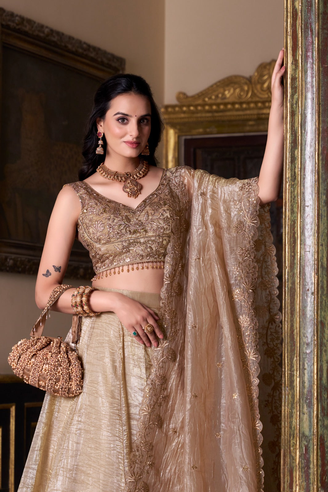 ELEGANT GOLD CRUSH LEHENGA CHOLI WITH EMBROIDERED BLOUSE & DUPATTA