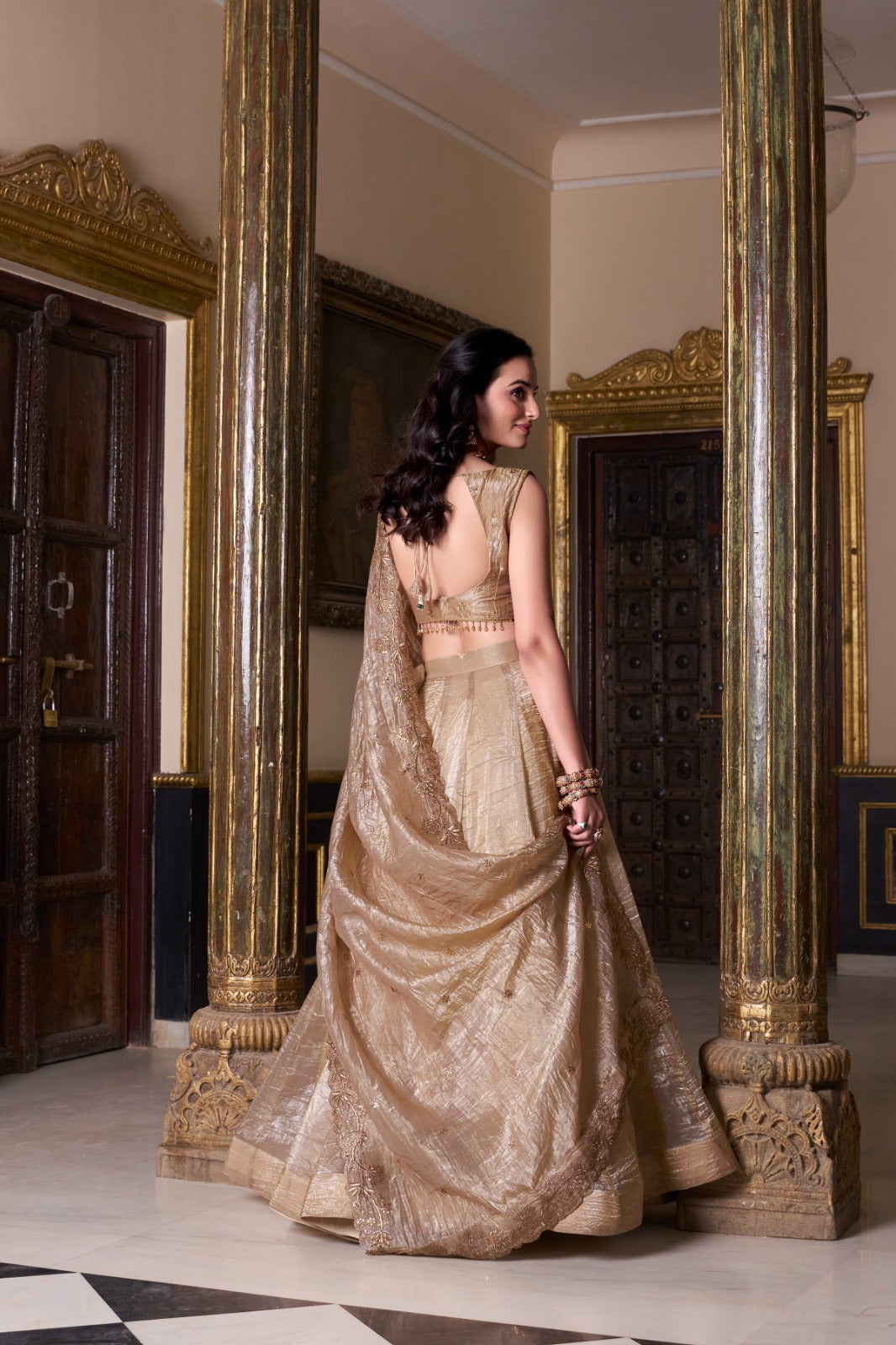 ELEGANT GOLD CRUSH LEHENGA CHOLI WITH EMBROIDERED BLOUSE & DUPATTA