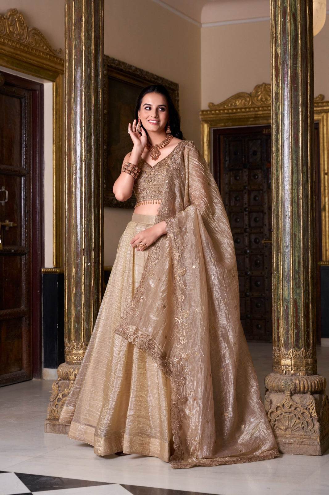 ELEGANT GOLD CRUSH LEHENGA CHOLI WITH EMBROIDERED BLOUSE & DUPATTA