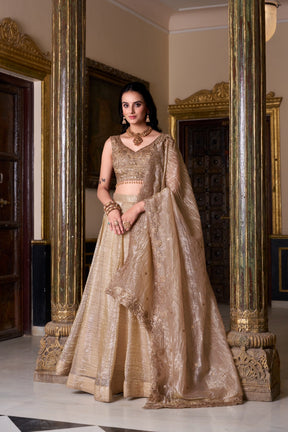 ELEGANT GOLD CRUSH LEHENGA CHOLI WITH EMBROIDERED BLOUSE & DUPATTA