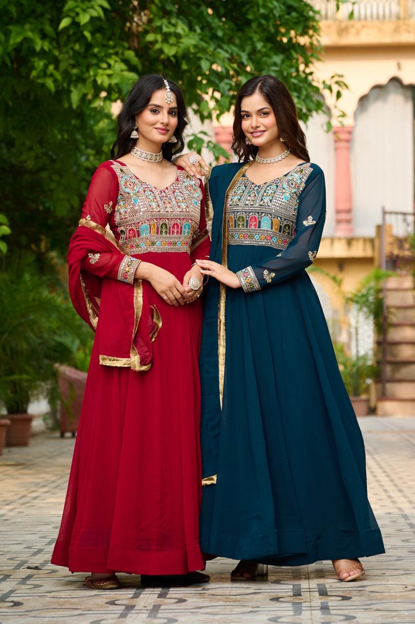 FAUX BLOOMING EMBROIDERED PARTY WEAR GOWN