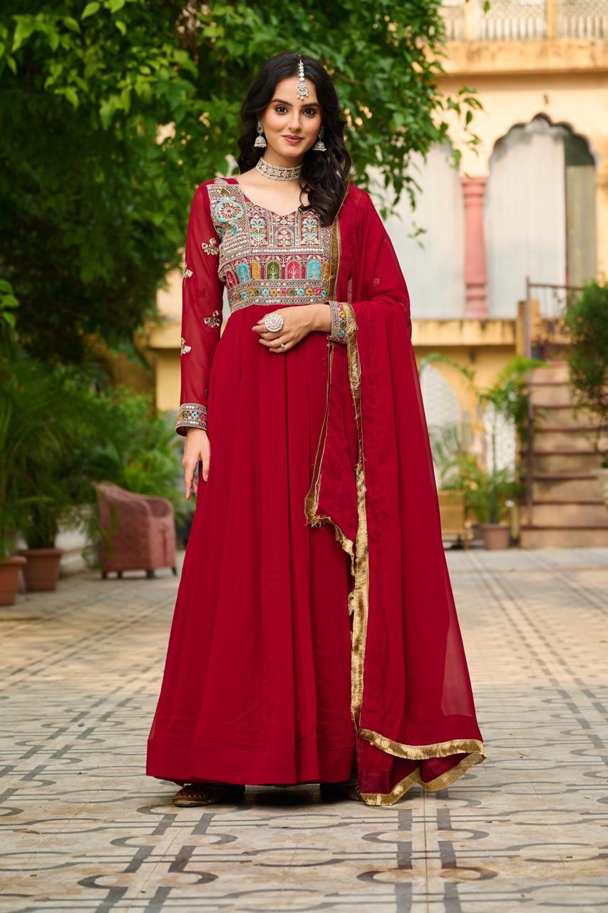 FAUX BLOOMING EMBROIDERED PARTY WEAR GOWN
