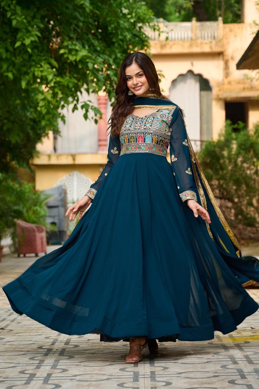 FAUX BLOOMING EMBROIDERED PARTY WEAR GOWN