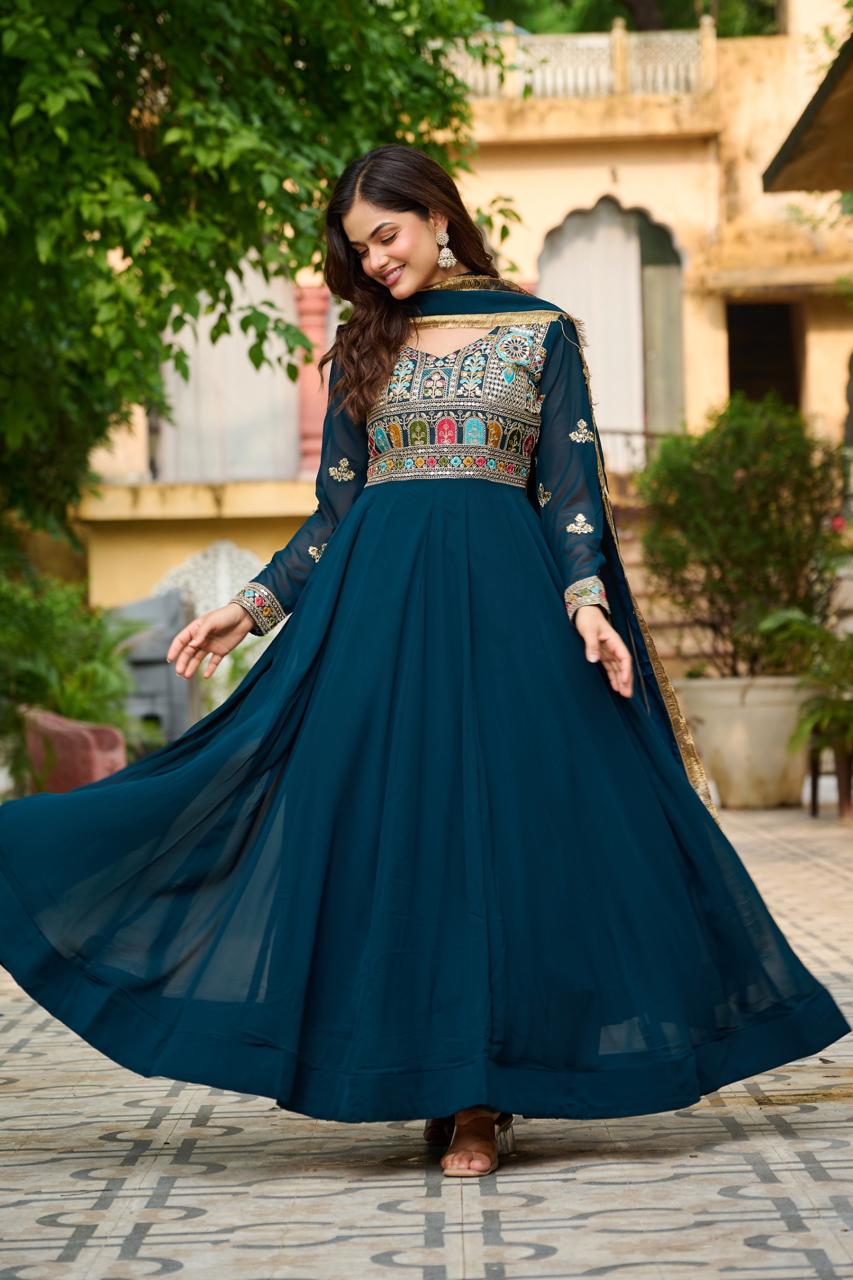 FAUX BLOOMING EMBROIDERED PARTY WEAR GOWN