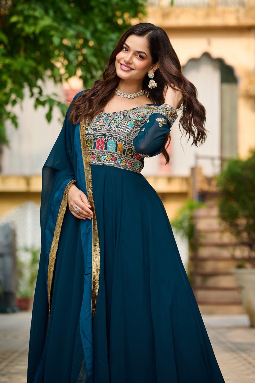 FAUX BLOOMING EMBROIDERED PARTY WEAR GOWN