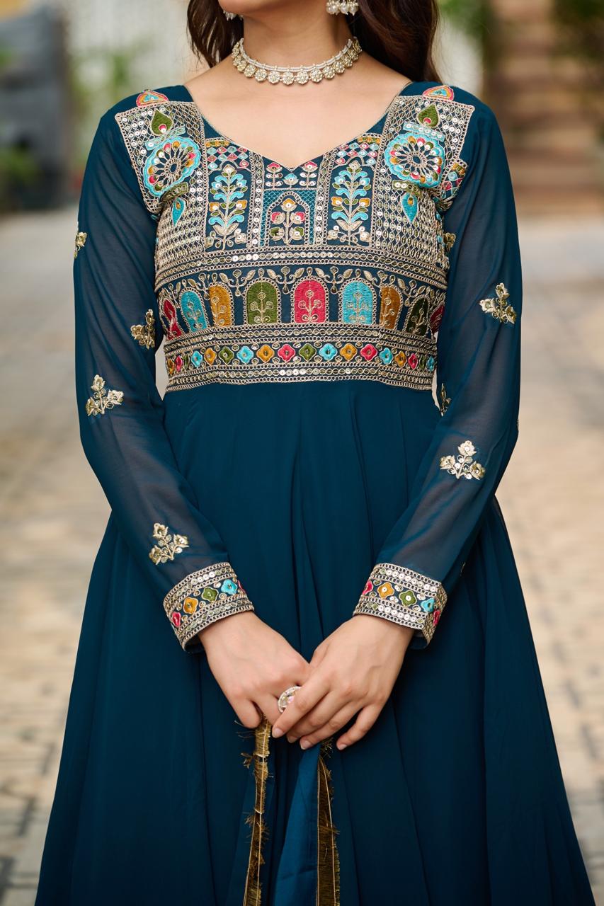 FAUX BLOOMING EMBROIDERED PARTY WEAR GOWN