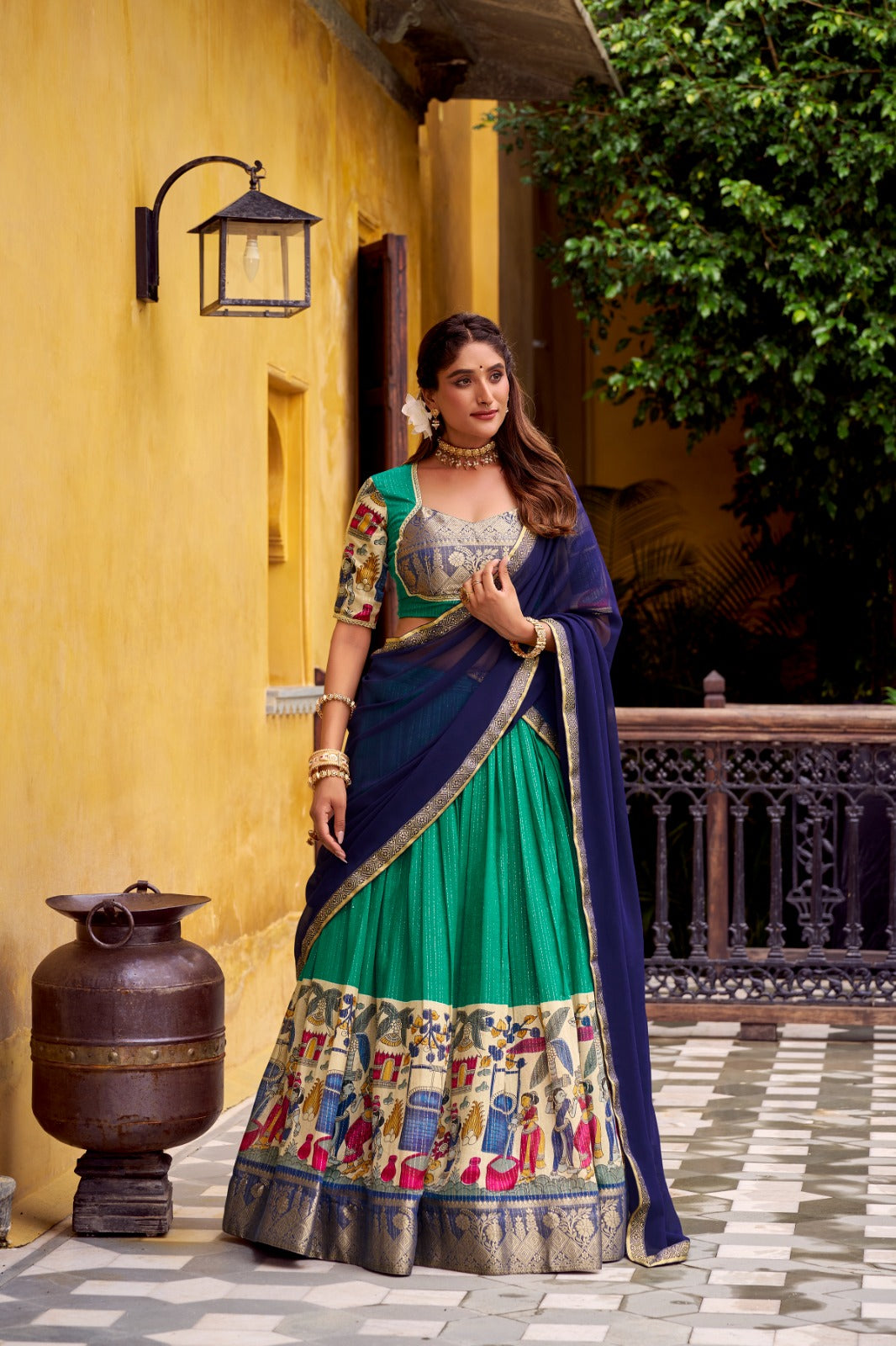DESIGNER CHANDERI KALAMKARI LEHENGA CHOLI FOR SOUTH