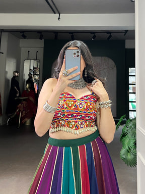 Multi Coloured Georgette Lehenga with Real Mirror Gamthi Work