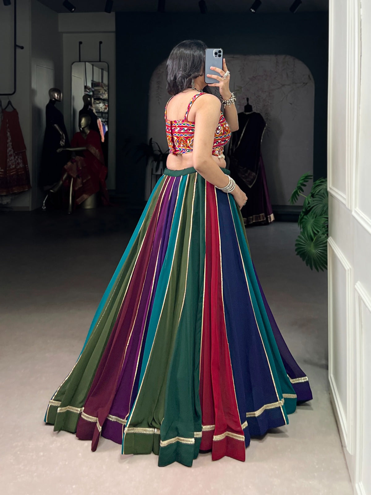 Multi Coloured Georgette Lehenga with Real Mirror Gamthi Work