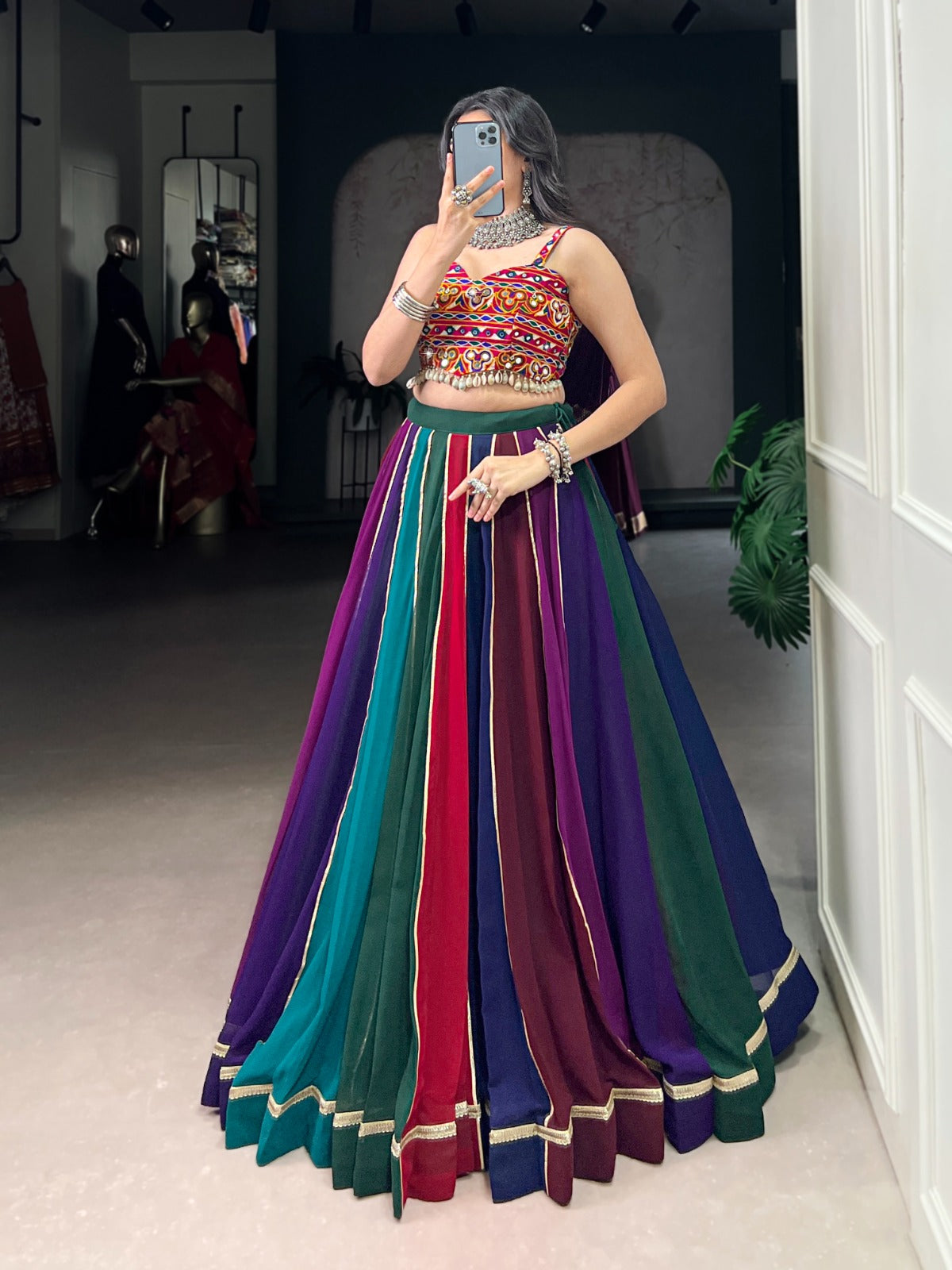 Multi Coloured Georgette Lehenga with Real Mirror Gamthi Work