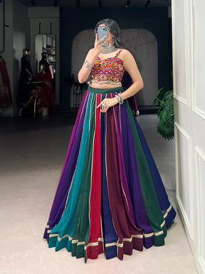 Multi Coloured Georgette Lehenga with Real Mirror Gamthi Work