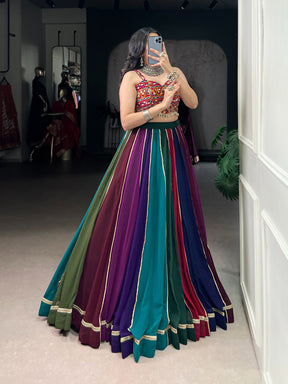 Multi Coloured Georgette Lehenga with Real Mirror Gamthi Work