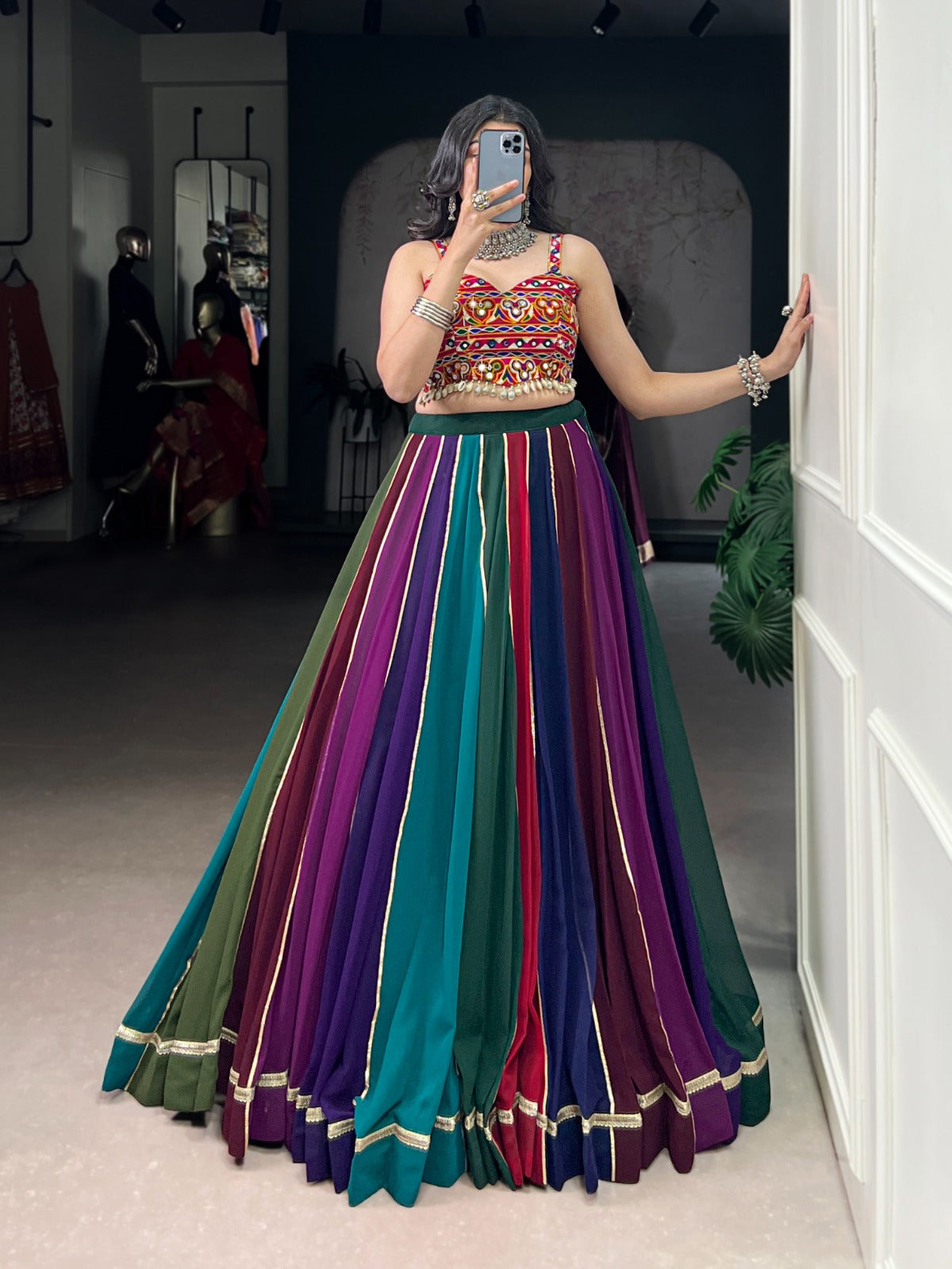 Multi Coloured Georgette Lehenga with Real Mirror Gamthi Work