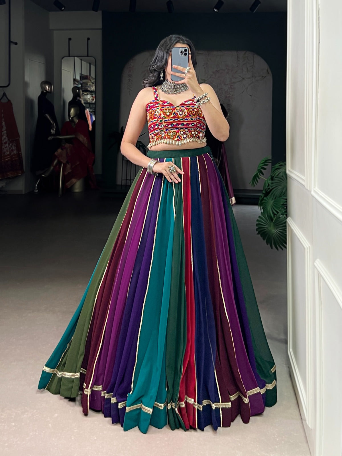 Multi Coloured Georgette Lehenga with Real Mirror Gamthi Work