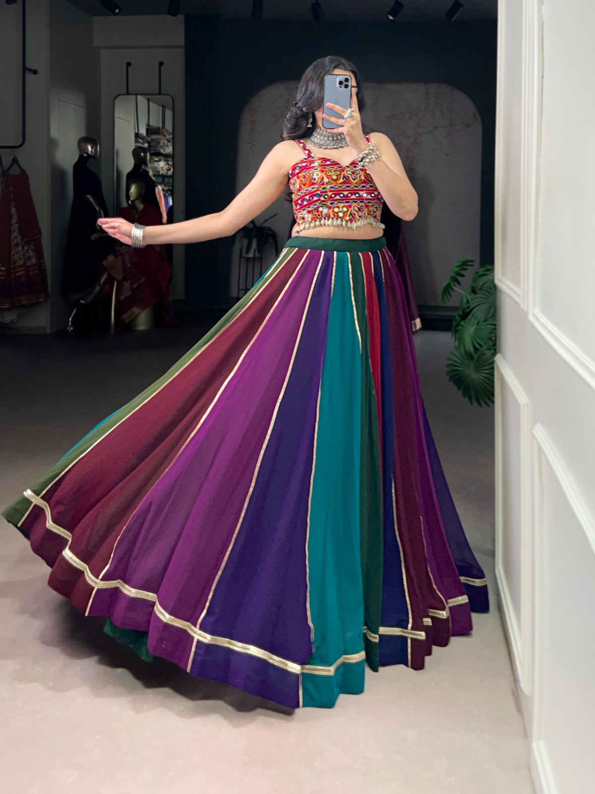 Multi Coloured Georgette Lehenga with Real Mirror Gamthi Work