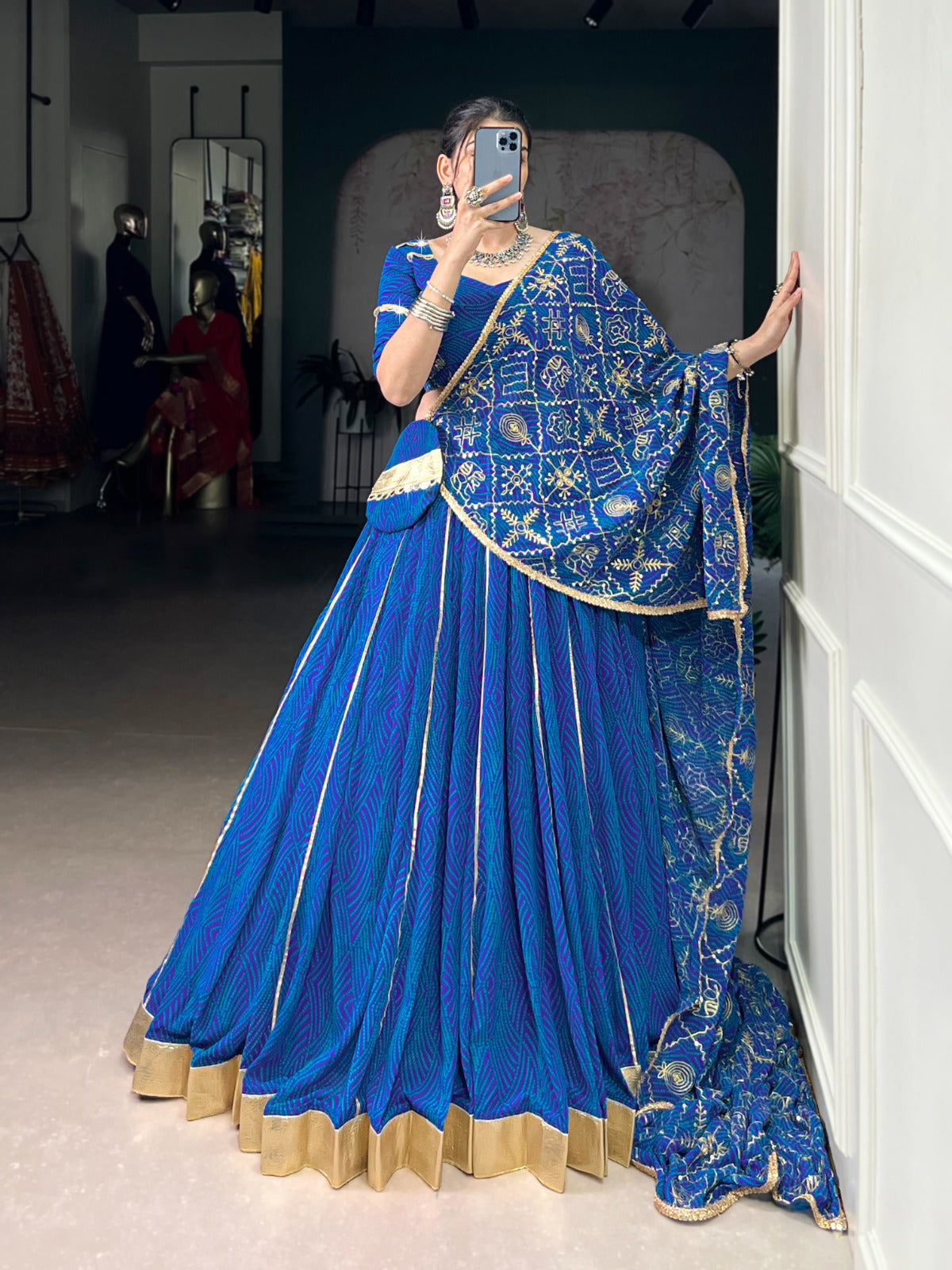 DESIGNER BANDHEJ PRINT LEHENGA CHOLI WITH DUPATTA & PURSE