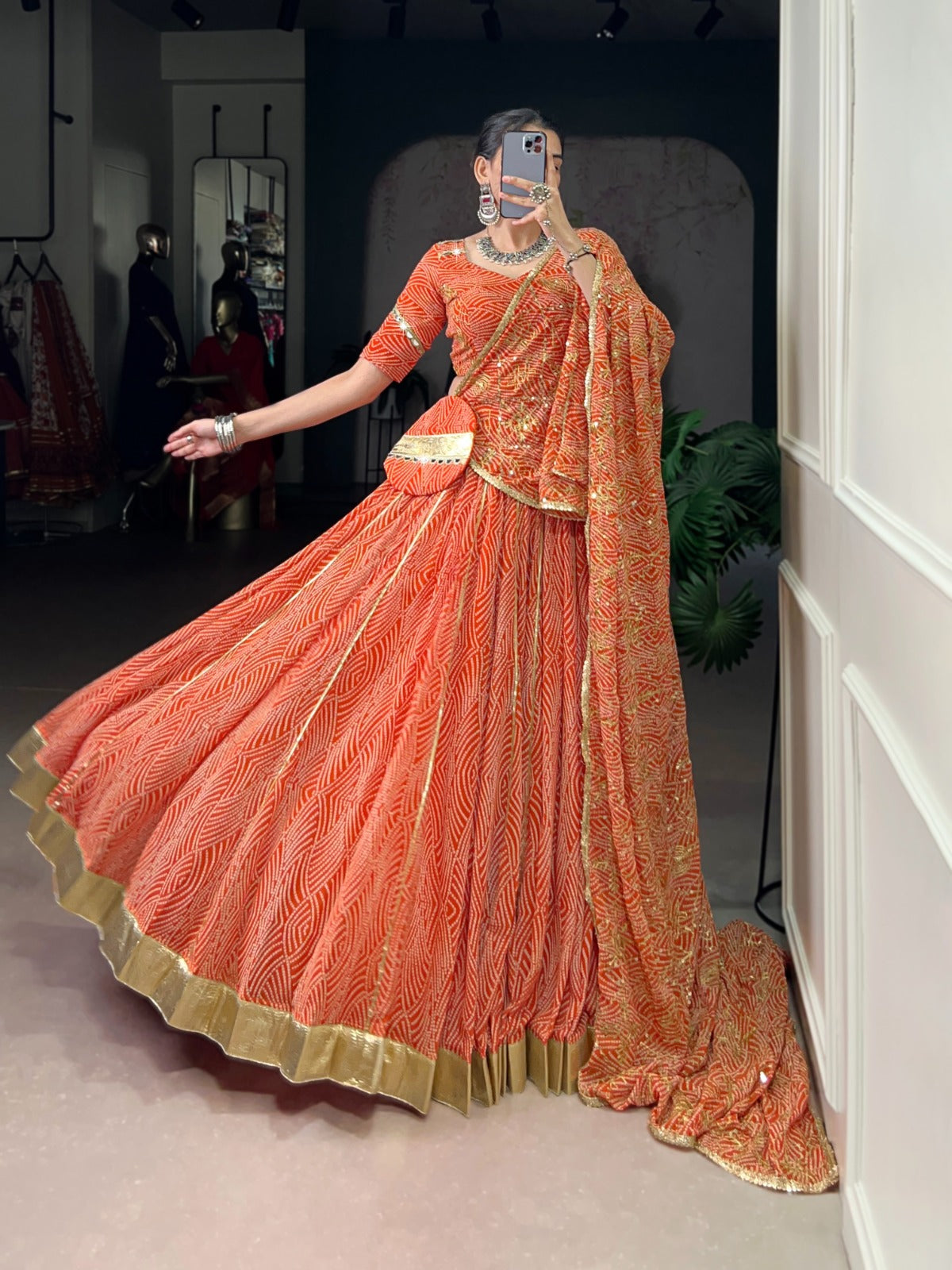 DESIGNER BANDHEJ PRINT LEHENGA CHOLI WITH DUPATTA & PURSE